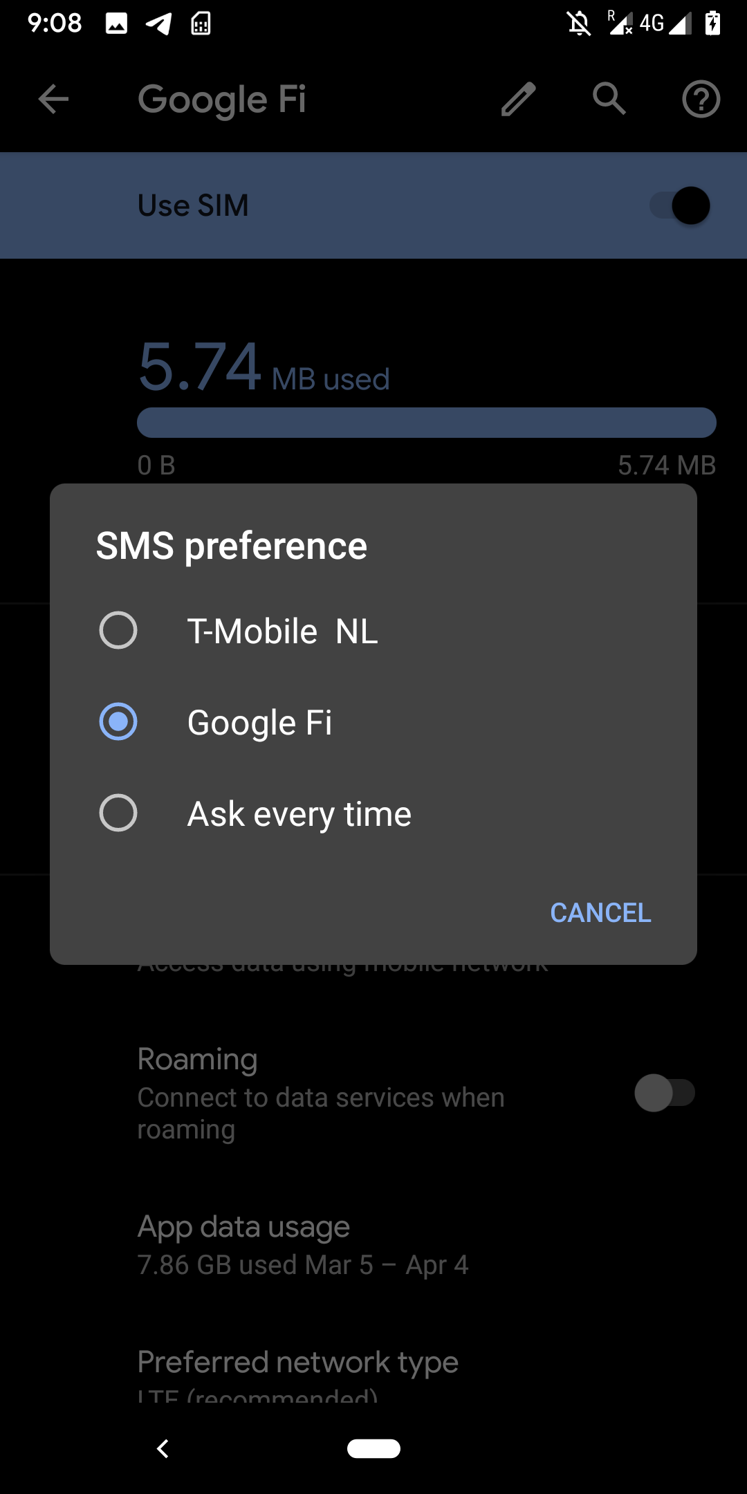 Screenshot of new Android Q SIM switcher